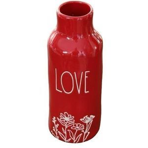 Rae Dunn Red Ceramic Flower Vase With LOVE And Flowers Engraved Design 9in‎ Tall